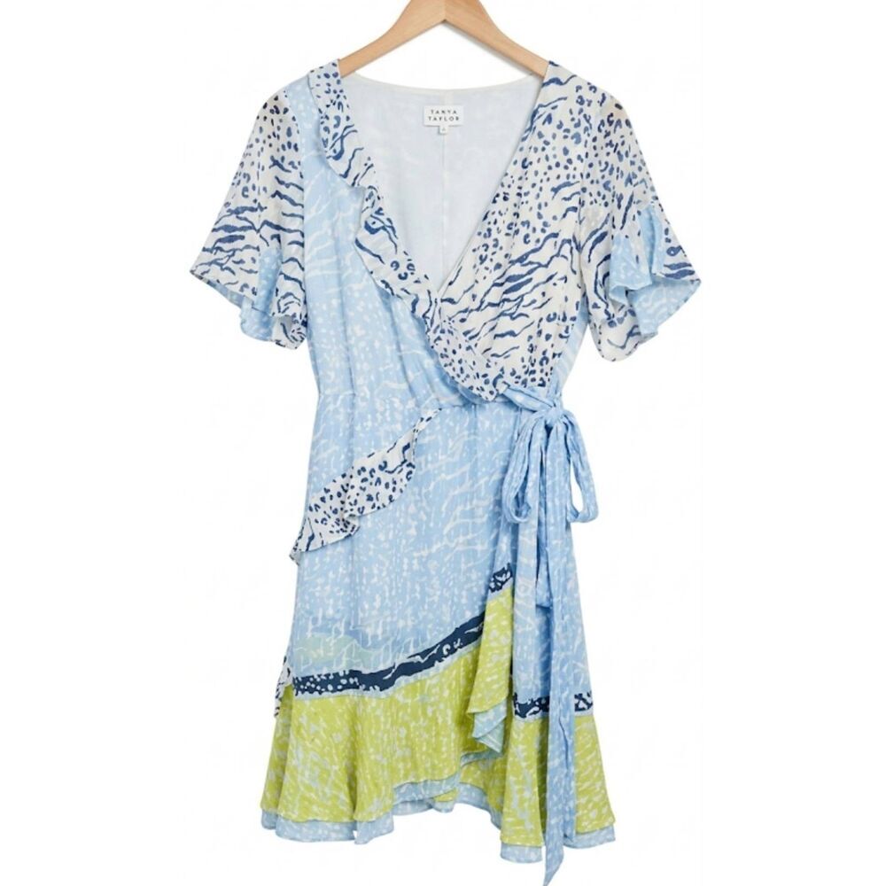 Tanya Taylor Women size 14 dress blue green 100% silk wrap tiered spring summer
